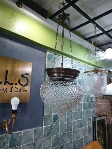 Hanging Lamp cut glass with brass Item Code ELS16Q size base 26 cm. glass 30 cm. L 1 M.