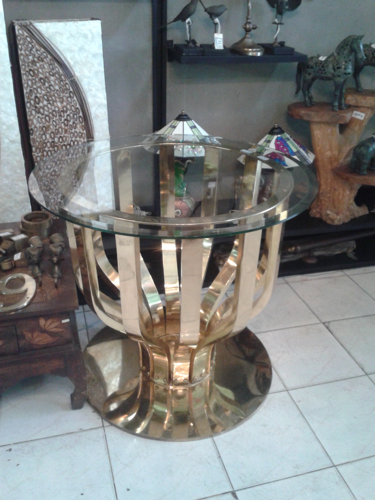 Brass Table size glass top dimension 80 cm.high 70 cm.base wide 68 cm