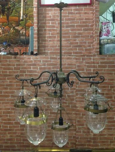 Hanging Lamp 6 arm Code AT300A  material brass with glass size wide 70 cm.