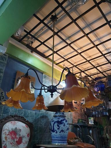 Hanging lamp 6 arm brass with glass Item Code HGL6RY size wide 76 cm. high 1 M.total.