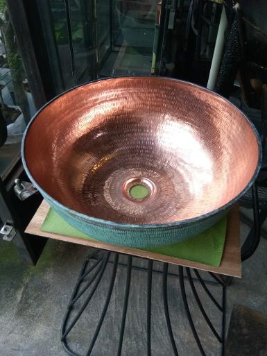 Copper Basin copper with antique green finished Item Code CPSP01 size wide 400 mm.high 165 mm.