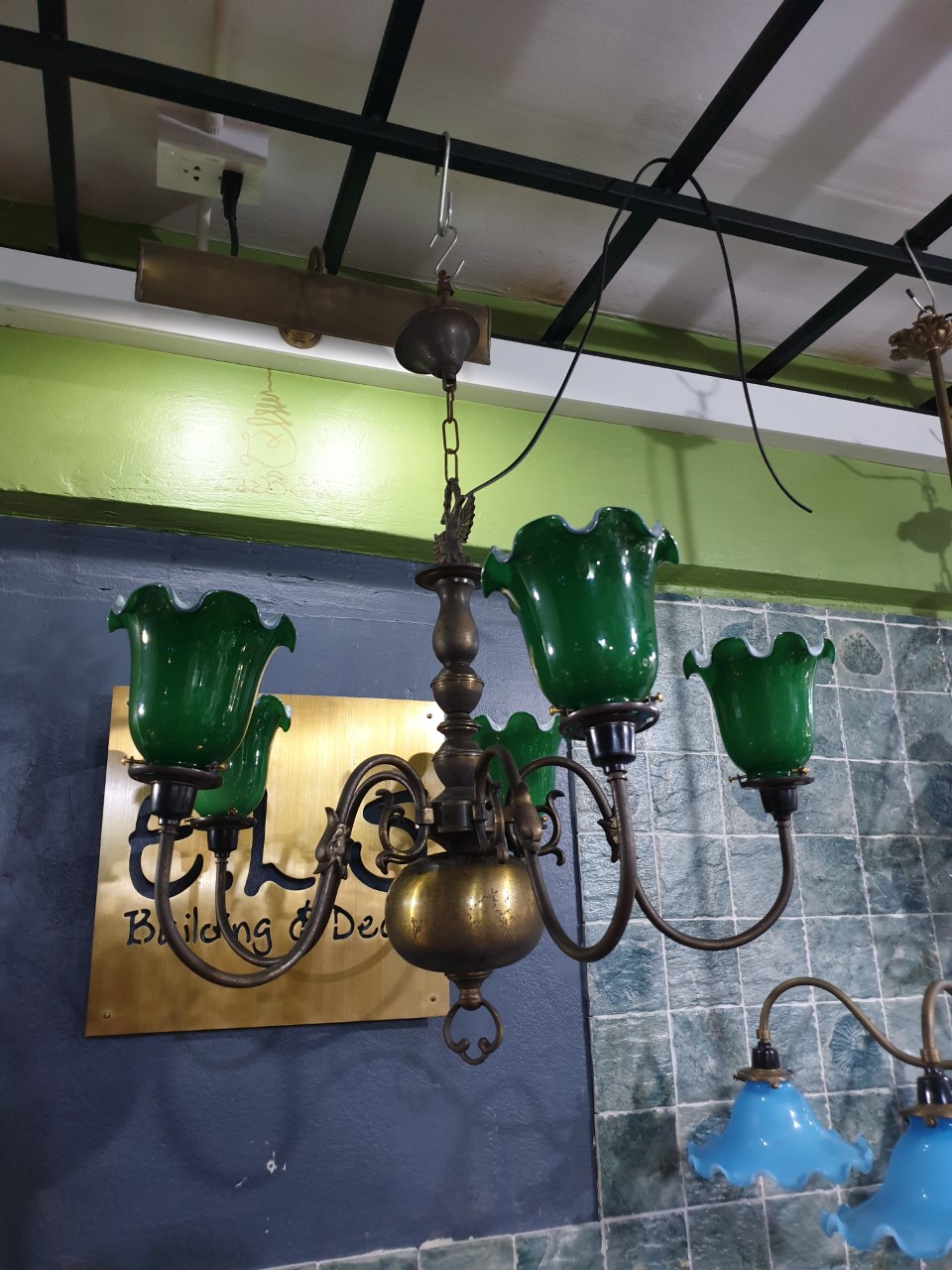 ็Hanging Lamp brass with green shade 5 light Item code DL05R size wide 650 mm.long 900 mm.