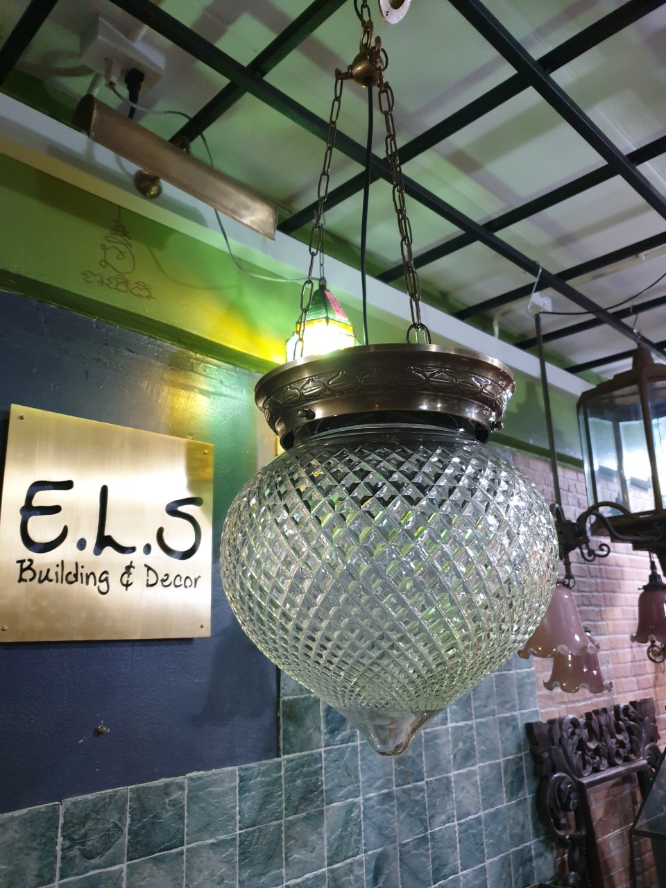 Hanging Lamp brass with cut glass Item Code ELSH016B size base 26cm glass D:30cm.L:80cm.include Ch