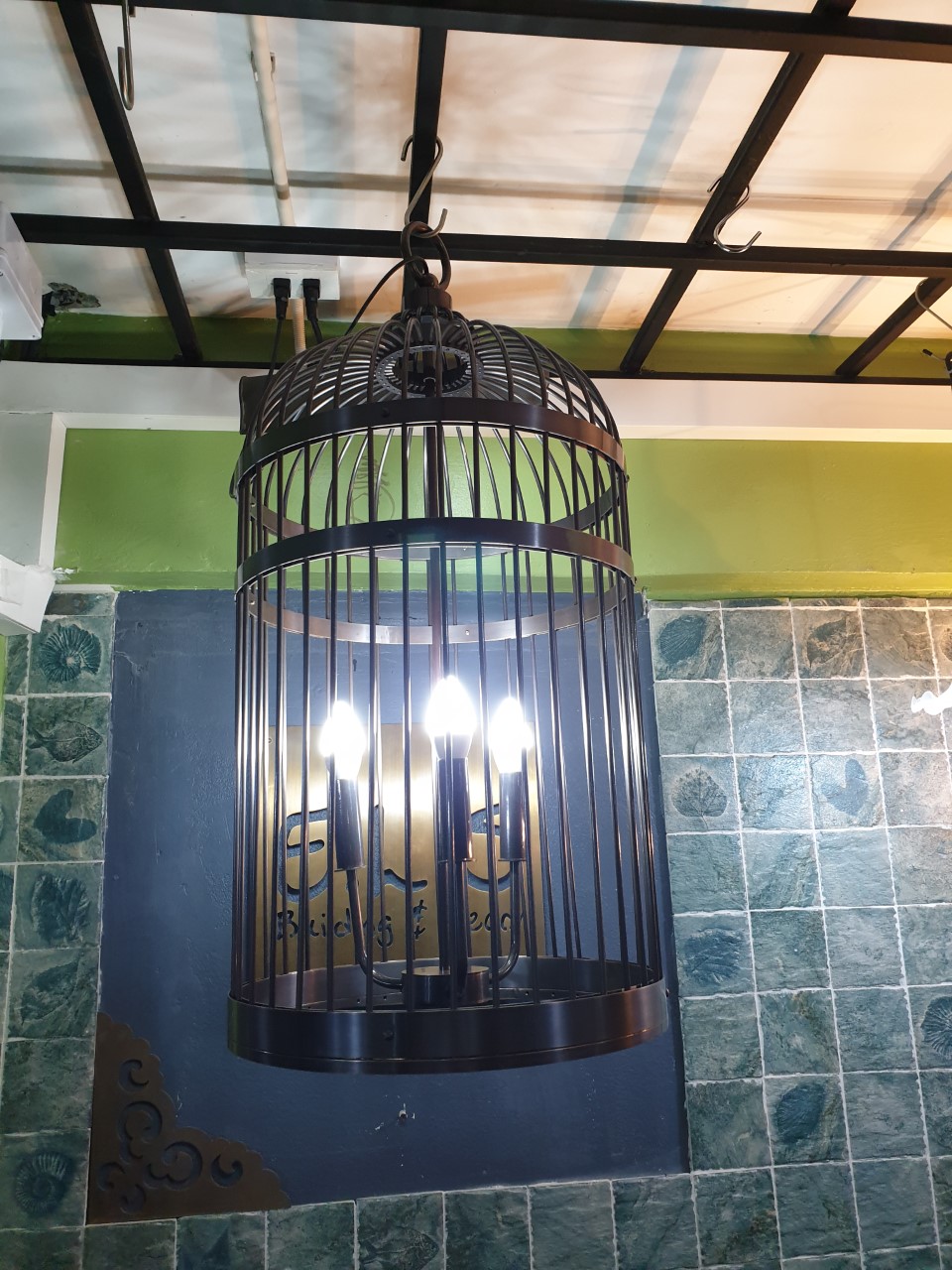 Bird cage lamp meterail is brass Item Code HGLC38 size wide 380 mm. 3 light high 820 mm.can be longe