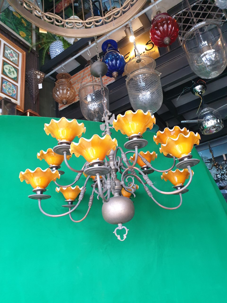 Hanging Lamp antique brass with new shade Item Code ATDL12Y size wide 80 cm. high 1 m.
