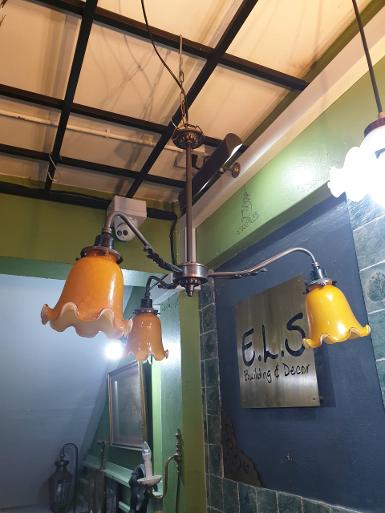 ็Hanging Lamp brass with yellow shade 3 light Item code HGL3L size wide 620 mm high 500 mm.