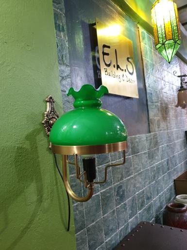 Brass Wall Lamp brass with green glass Item CodeWLD8G size base 77mm.L 180 mm.pipe 12 mm glass 8''