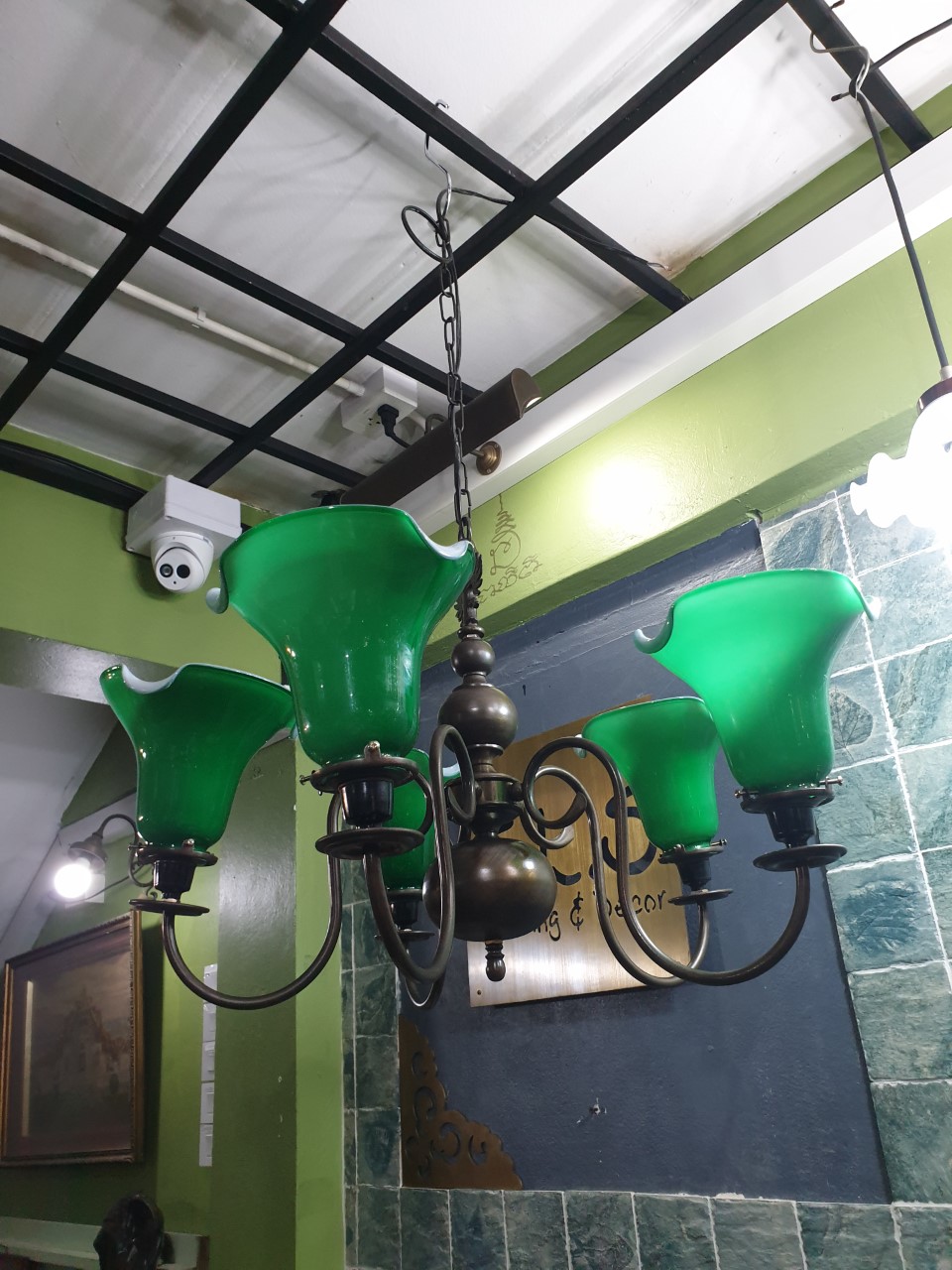 ็Antique Hanging Lamp brass with green shade 5 arm Item Code ATD05R3 size wide 65 cm high 90 cm