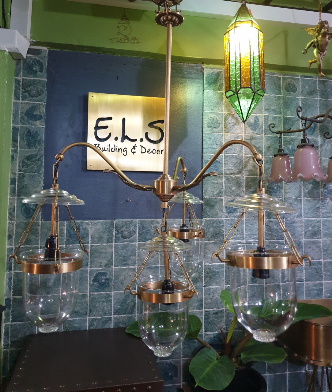 Hanging Lamp brass with clear U glass Item Code HGLU5 size glass 5'' wide 600 mm.long total 860 mm.