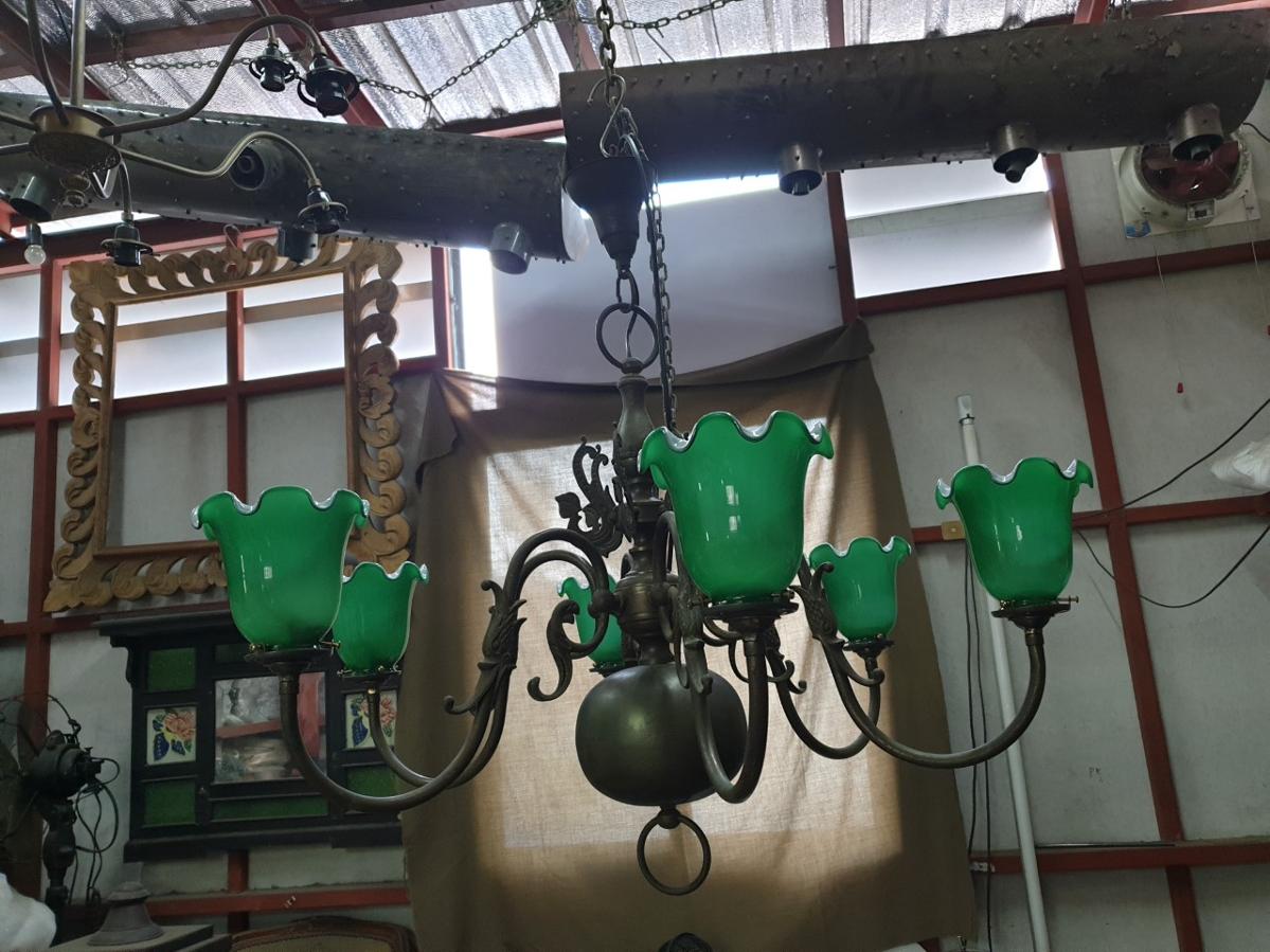 Hanging Lamp brass with green shade 6 light Item Code DL06R63 size wide 700 mm high 950 mm.