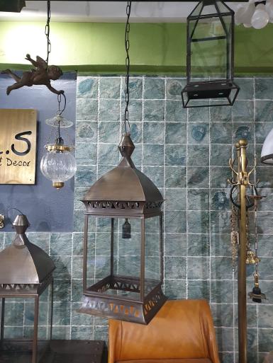 Brass hanging Lamp brass with normal glass Item Code HGL65B size 25x25cmxH60cm chain L 500mm.
